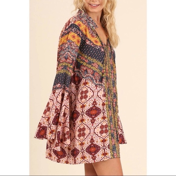 Umgee Boho Gypsy Bell Sleeve Babydoll Mini Swing Dress Size Small - Picture 2 of 13